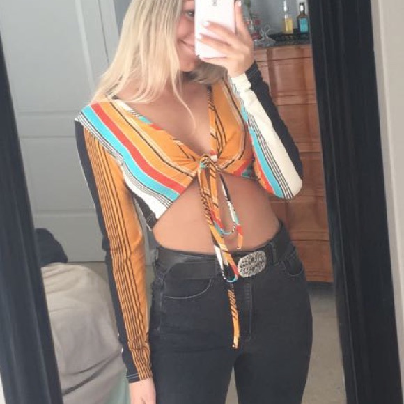 Tops - Crop top front tie striped shirt